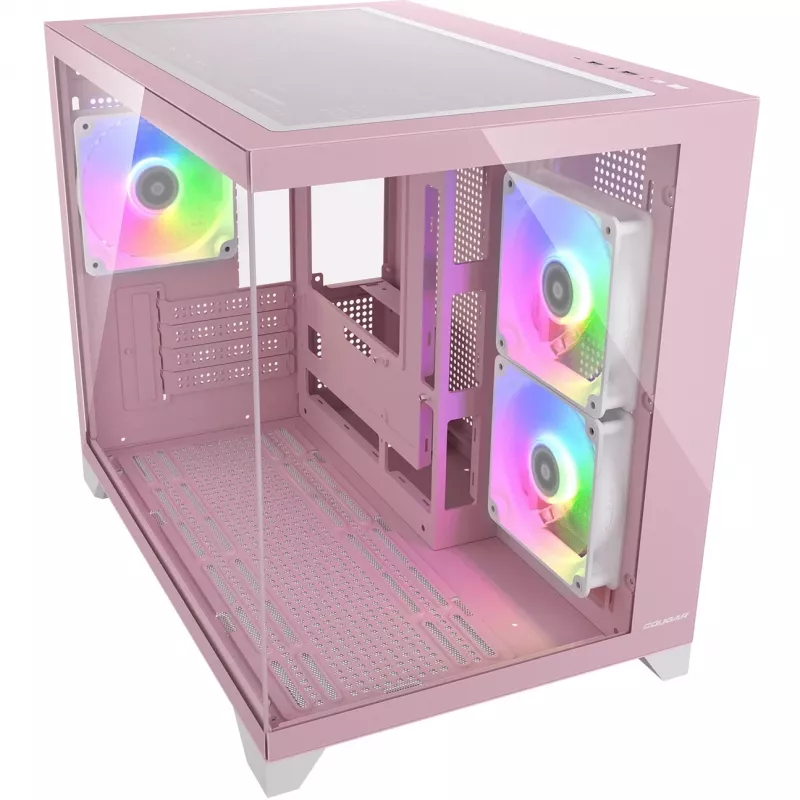Mini Tower PC korpusas Cougar FV150 ARGB — rožinis, palaiko 2x 120/140 mm šoninius ventiliatorius, 1x 120 mm galinį, 2,5 colio/3,5 colio HDD, 285×435×365 mm