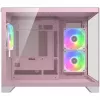 Mini Tower PC korpusas Cougar FV150 ARGB — rožinis, palaiko 2x 120/140 mm šoninius ventiliatorius, 1x 120 mm galinį, 2,5 colio/3,5 colio HDD, 285×435×365 mm