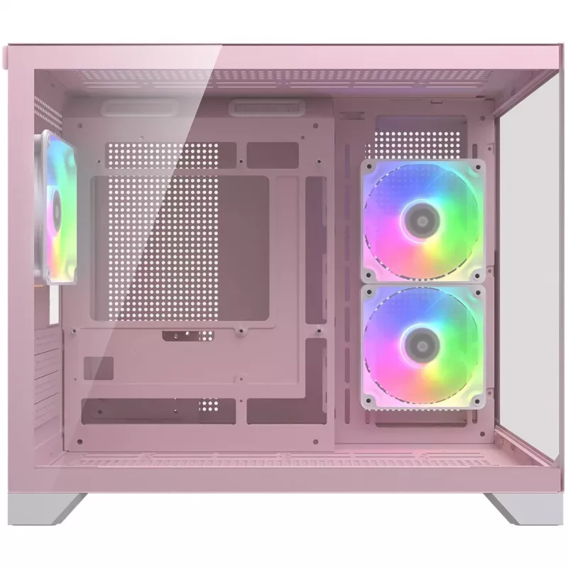 Mini Tower PC korpusas Cougar FV150 ARGB — rožinis, palaiko 2x 120/140 mm šoninius ventiliatorius, 1x 120 mm galinį, 2,5 colio/3,5 colio HDD, 285×435×365 mm