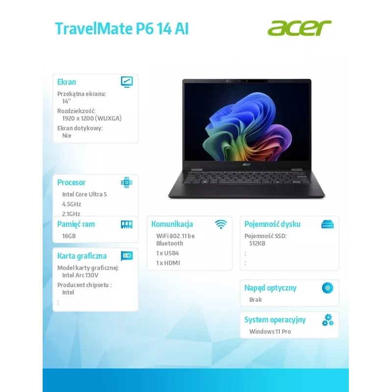 Nešiojamas kompiuteris Acer TravelMate P6 14 AI TMP614-54T su Intel Ultra 5, 16GB RAM, 512GB SSD, Windows 11 Pro, 226V baterija