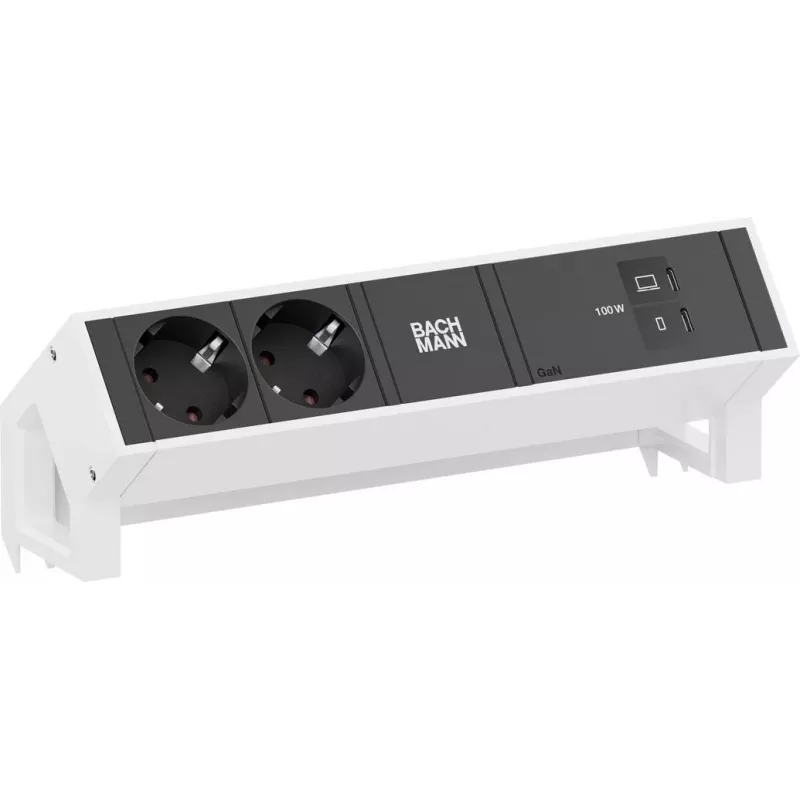 Maitinimo blokas Bachmann DESK2 su 2x CEE 7/3 lizdais ir 1x USB-C PD 100W, kabelis 0,2 m, RAL9010