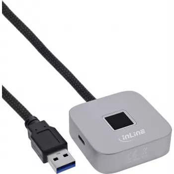 USB pirštų atspaudų skaitytuvas su šakotuvu InLine 41360K, suderinamas su Windows Hello, 1,5 m laidas, sidabrinis