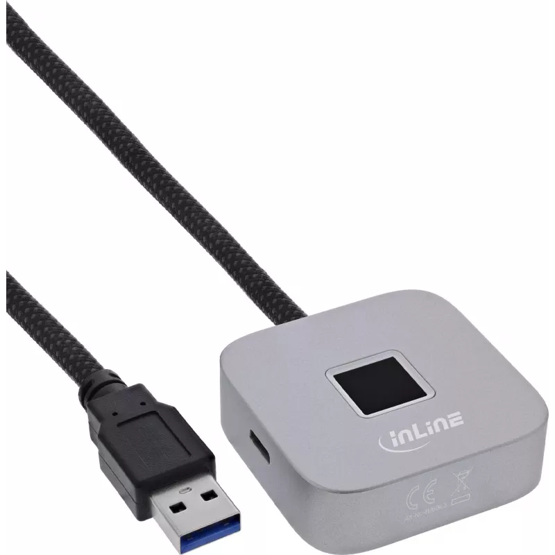 USB pirštų atspaudų skaitytuvas su šakotuvu InLine 41360K, suderinamas su Windows Hello, 1,5 m laidas, sidabrinis