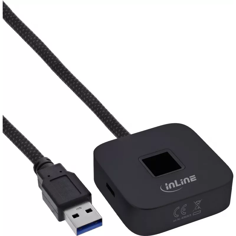 InLine USB pirštų atspaudų skaitytuvas su šakotuvu, suderinamas su Windows Hello, 1,5 m laidas, juodas