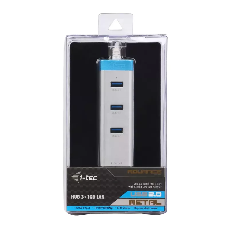 USB 3.0 šakotuvas su Gigabit Ethernet ITEC U3GLAN3HUB — 3 prievadų metalinis šakotuvas, VIA VL812 + Realtek RTL8153, sidabrinis