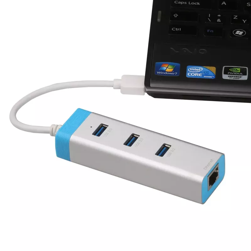 USB 3.0 šakotuvas su Gigabit Ethernet ITEC U3GLAN3HUB — 3 prievadų metalinis šakotuvas, VIA VL812 + Realtek RTL8153, sidabrinis