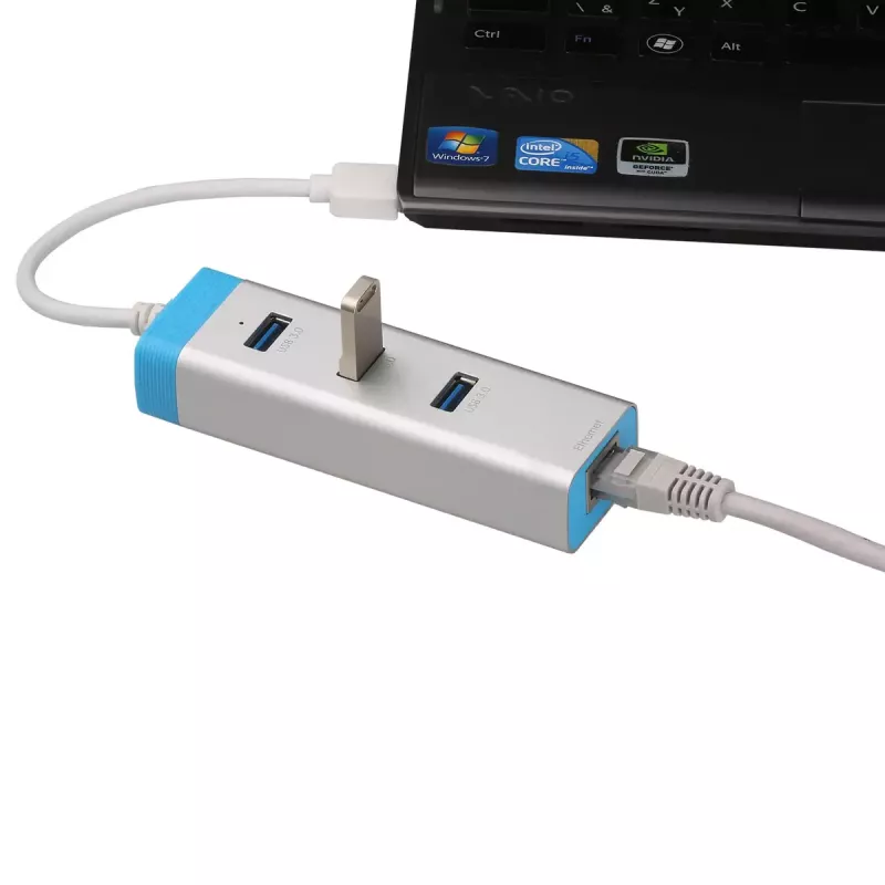 USB 3.0 šakotuvas su Gigabit Ethernet ITEC U3GLAN3HUB — 3 prievadų metalinis šakotuvas, VIA VL812 + Realtek RTL8153, sidabrinis