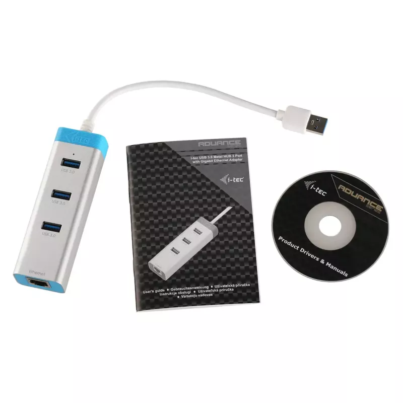 USB 3.0 šakotuvas su Gigabit Ethernet ITEC U3GLAN3HUB — 3 prievadų metalinis šakotuvas, VIA VL812 + Realtek RTL8153, sidabrinis