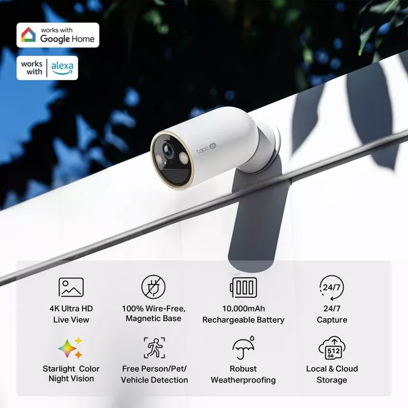 „TP-Link Tapo“ belaidė vidaus / lauko apsaugos kamera SPEC: 4K UHD (3840 x 2160), palaikomi H.265 / H.264, 16x UHD skaitmeninis priartinimas, 2,4 / 5 GHz dviejų juostų „Wi-Fi“, 10 000 mAh įkraunama ličio jonų baterija