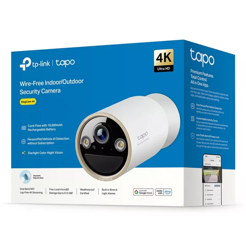 „TP-Link Tapo“ belaidė vidaus / lauko apsaugos kamera SPEC: 4K UHD (3840 x 2160), palaikomi H.265 / H.264, 16x UHD skaitmeninis priartinimas, 2,4 / 5 GHz dviejų juostų „Wi-Fi“, 10 000 mAh įkraunama ličio jonų baterija