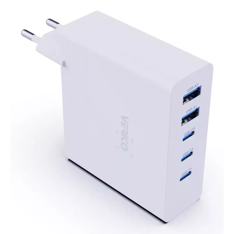 Verico MOJO GaN 140W kelių prievadų USB-C ir USB-A greitasis įkroviklis nešiojamiesiems kompiuteriams, išmaniesiems telefonams ir planšetėms, baltas