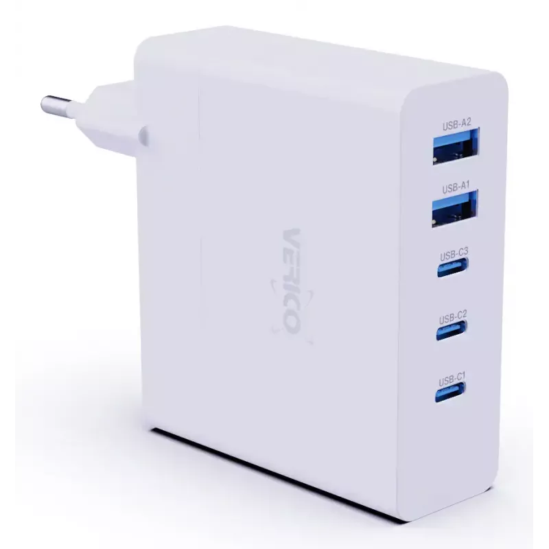 Verico MOJO GaN 140W kelių prievadų USB-C ir USB-A greitasis įkroviklis nešiojamiesiems kompiuteriams, išmaniesiems telefonams ir planšetėms, baltas