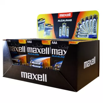 MAXELL šarminės LR03 AAA vienkartinės baterijos 1,5 V — 4 vnt. pakuotėje (ekspozicinė lizdinė plokštelė, 30 pakuočių / 120 baterijų)