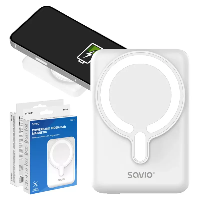 Išorinė baterija SAVIO BA-13 10000 mAh su 20 W išėjimo galia ir belaidžiu įkrovimu, balta