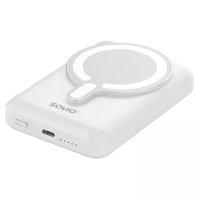 Išorinė baterija SAVIO BA-13 10000 mAh su 20 W išėjimo galia ir belaidžiu įkrovimu, balta