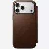 Mobiliojo telefono odinis aplankas Nomad Modern Leather Folio, skirtas iPhone 17 Pro Max (6,9 col.), rudas, oda / aliuminis, 4 kortelių kišenės