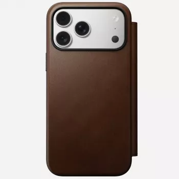 Mobiliojo telefono odinis aplankas Nomad Modern Leather Folio, skirtas iPhone 17 Pro Max (6,9 col.), rudas, oda / aliuminis, 4 kortelių kišenės
