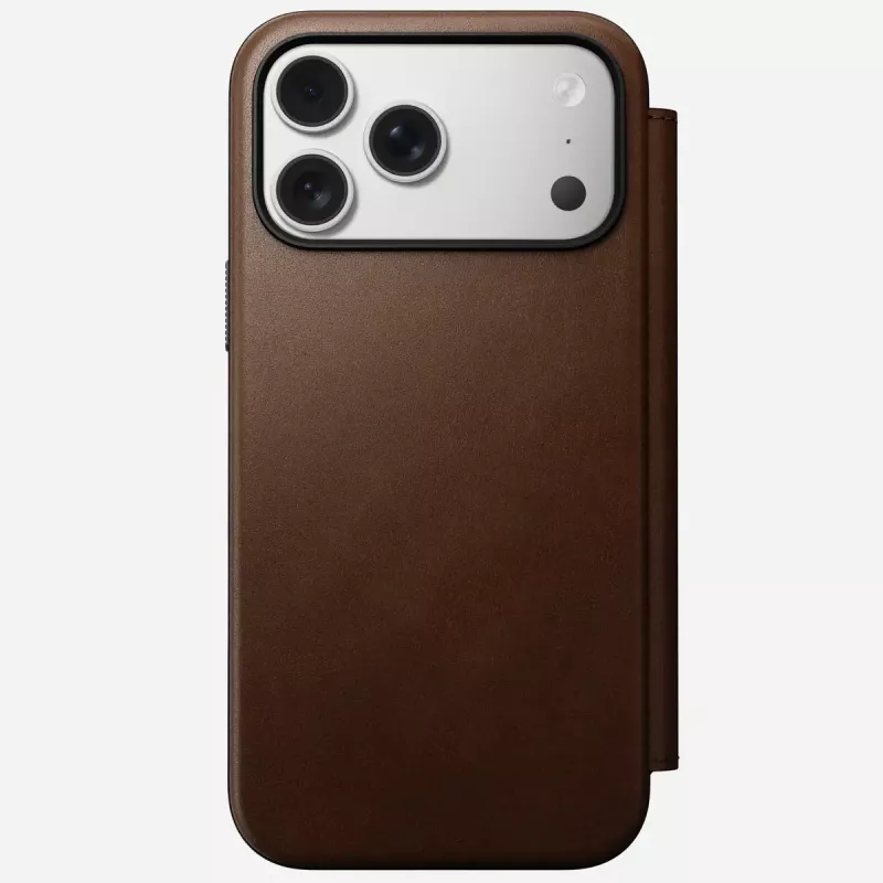 Mobiliojo telefono odinis aplankas Nomad Modern Leather Folio, skirtas iPhone 17 Pro Max (6,9 col.), rudas, oda / aliuminis, 4 kortelių kišenės