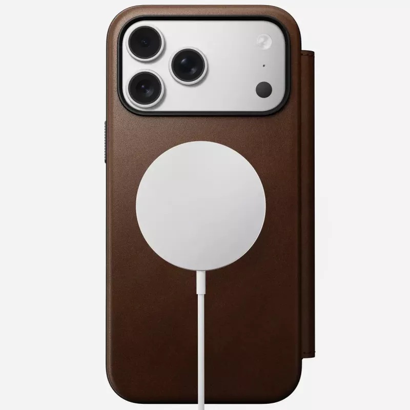 Mobiliojo telefono odinis aplankas Nomad Modern Leather Folio, skirtas iPhone 17 Pro Max (6,9 col.), rudas, oda / aliuminis, 4 kortelių kišenės