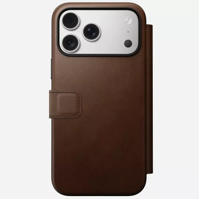 Mobiliojo telefono odinis aplankas Nomad Modern Leather Folio, skirtas iPhone 17 Pro Max (6,9 col.), rudas, oda / aliuminis, 4 kortelių kišenės