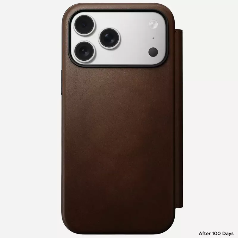 Mobiliojo telefono odinis aplankas Nomad Modern Leather Folio, skirtas iPhone 17 Pro Max (6,9 col.), rudas, oda / aliuminis, 4 kortelių kišenės