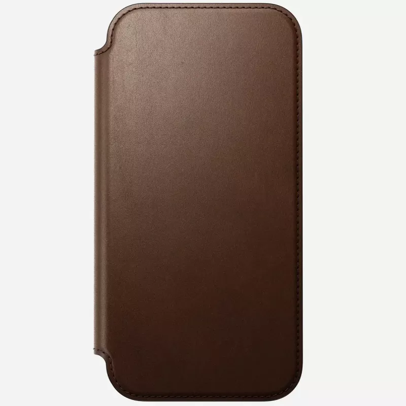 Mobiliojo telefono odinis aplankas Nomad Modern Leather Folio, skirtas iPhone 17 Pro Max (6,9 col.), rudas, oda / aliuminis, 4 kortelių kišenės