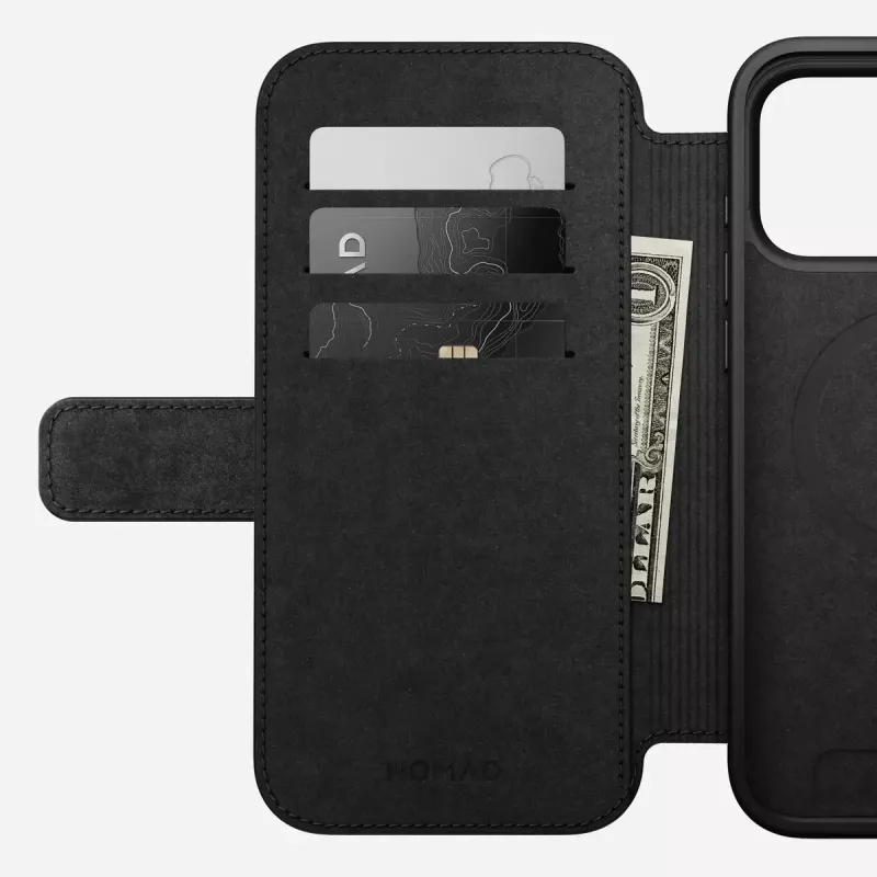 Mobiliojo telefono odinis aplankas Nomad Modern Leather Folio, skirtas iPhone 17 Pro Max (6,9 col.), rudas, oda / aliuminis, 4 kortelių kišenės
