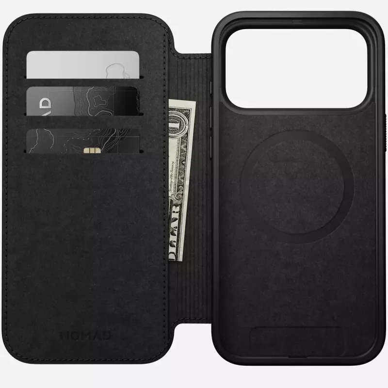 Mobiliojo telefono odinis aplankas Nomad Modern Leather Folio, skirtas iPhone 17 Pro Max (6,9 col.), rudas, oda / aliuminis, 4 kortelių kišenės