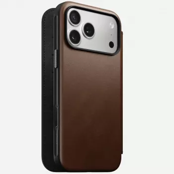 Mobiliojo telefono odinis aplankas Nomad Modern Leather Folio, skirtas iPhone 17 Pro Max (6,9 col.), rudas, oda / aliuminis, 4 kortelių kišenės