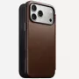 Mobiliojo telefono odinis aplankas Nomad Modern Leather Folio, skirtas iPhone 17 Pro Max (6,9 col.), rudas, oda / aliuminis, 4 kortelių kišenės
