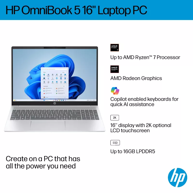 HP OmniBook 5 16-bc1002na AMD Ryzen™ 5 8540U nešiojamasis kompiuteris 40,6 cm (16 colių) jutiklinis ekranas 2K 8 GB LPDDR5-SDRAM 512 GB SSD Wi-Fi 6 (802.11ax) Windows 11 Home sidabrinis