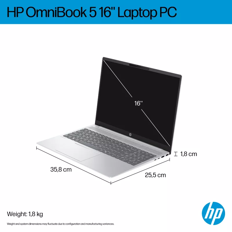 HP OmniBook 5 16-bc1002na AMD Ryzen™ 5 8540U nešiojamasis kompiuteris 40,6 cm (16 colių) jutiklinis ekranas 2K 8 GB LPDDR5-SDRAM 512 GB SSD Wi-Fi 6 (802.11ax) Windows 11 Home sidabrinis