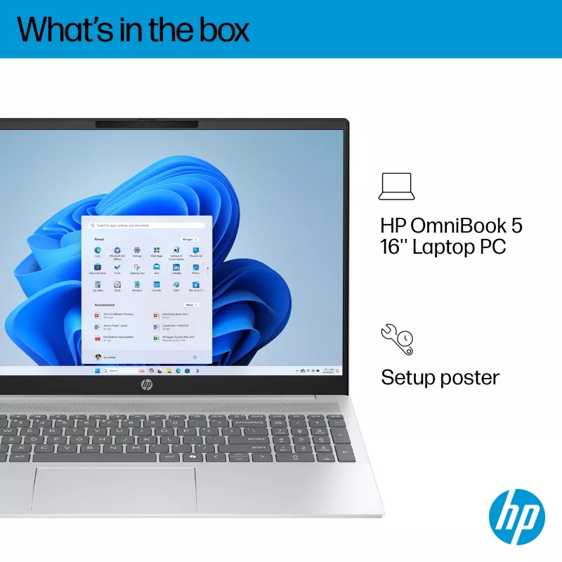 HP OmniBook 5 16-bc1002na AMD Ryzen™ 5 8540U nešiojamasis kompiuteris 40,6 cm (16 colių) jutiklinis ekranas 2K 8 GB LPDDR5-SDRAM 512 GB SSD Wi-Fi 6 (802.11ax) Windows 11 Home sidabrinis