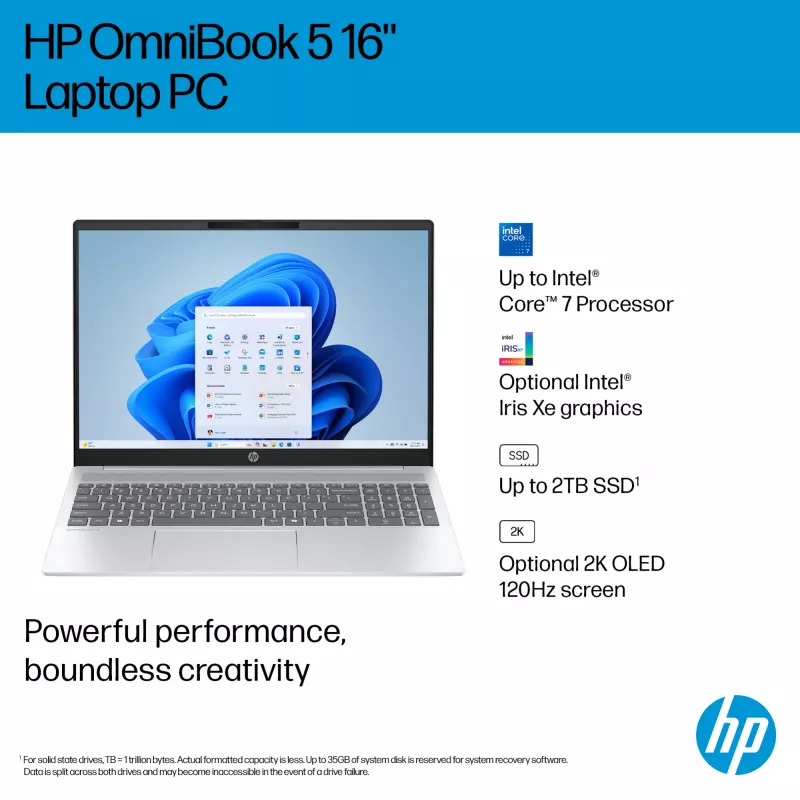 HP OmniBook 5 16-ba1003na Intel® Core™ i7 i7-1355U nešiojamasis kompiuteris 40,6 cm (16 ″) 2K 16 GB LPDDR5x-SDRAM 512 GB SSD Wi-Fi 6 (802.11ax) Windows 11 Home Sidabrinis