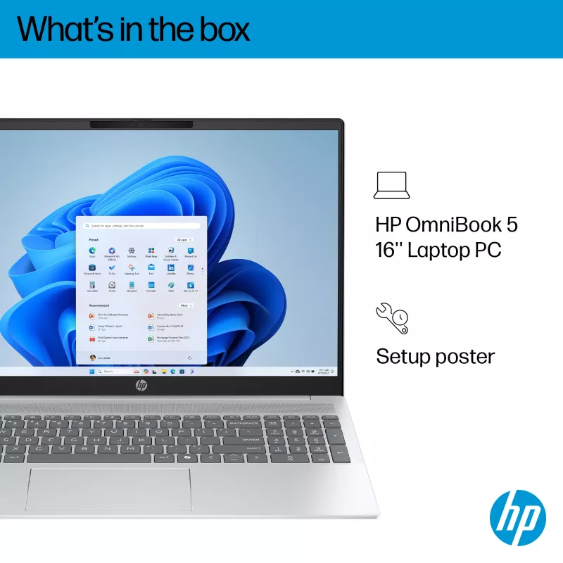 HP OmniBook 5 16-ba1003na Intel® Core™ i7 i7-1355U nešiojamasis kompiuteris 40,6 cm (16 ″) 2K 16 GB LPDDR5x-SDRAM 512 GB SSD Wi-Fi 6 (802.11ax) Windows 11 Home Sidabrinis