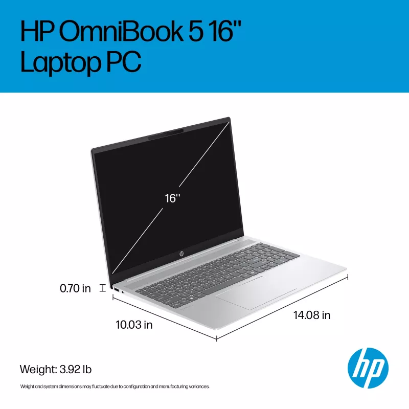 HP OmniBook 5 16-ba1003na Intel® Core™ i7 i7-1355U nešiojamasis kompiuteris 40,6 cm (16 ″) 2K 16 GB LPDDR5x-SDRAM 512 GB SSD Wi-Fi 6 (802.11ax) Windows 11 Home Sidabrinis