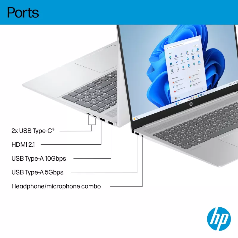 HP OmniBook 5 16-ba1005na „Intel® Core™ i3“ i3-1315U nešiojamasis kompiuteris 40,6 cm (16 colių) 2K 8 GB LPDDR5-SDRAM 512 GB SSD „Wi-Fi 6“ (802.11ax) „Windows 11 Home“ sidabrinis