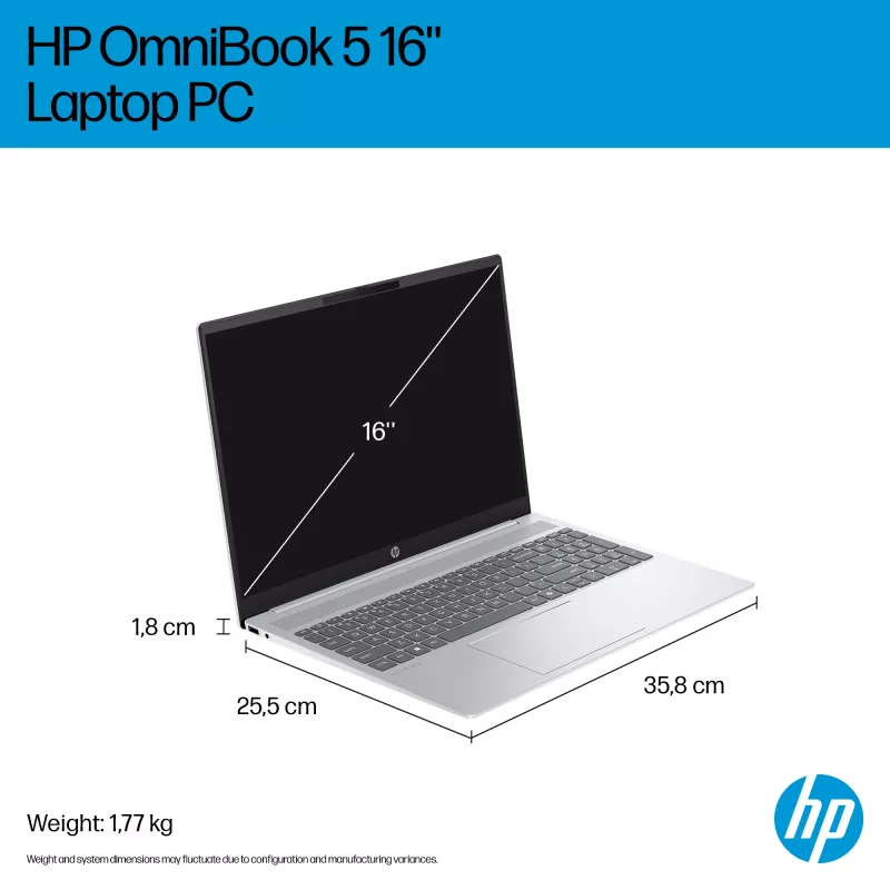 HP OmniBook 5 16-ba1005na „Intel® Core™ i3“ i3-1315U nešiojamasis kompiuteris 40,6 cm (16 colių) 2K 8 GB LPDDR5-SDRAM 512 GB SSD „Wi-Fi 6“ (802.11ax) „Windows 11 Home“ sidabrinis