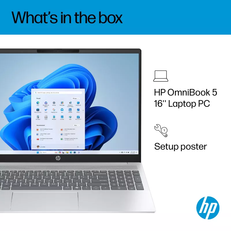 HP OmniBook 5 16-ba1005na „Intel® Core™ i3“ i3-1315U nešiojamasis kompiuteris 40,6 cm (16 colių) 2K 8 GB LPDDR5-SDRAM 512 GB SSD „Wi-Fi 6“ (802.11ax) „Windows 11 Home“ sidabrinis
