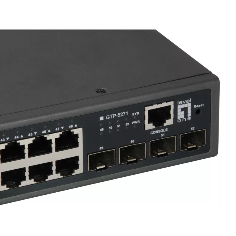 LevelOne 52 prievadų L3 Lite valdomas gigabitinis PoE komutatorius, 4 x 10GbE SFP+, 48 PoE išėjimai, 400 W PoE galios biudžetas