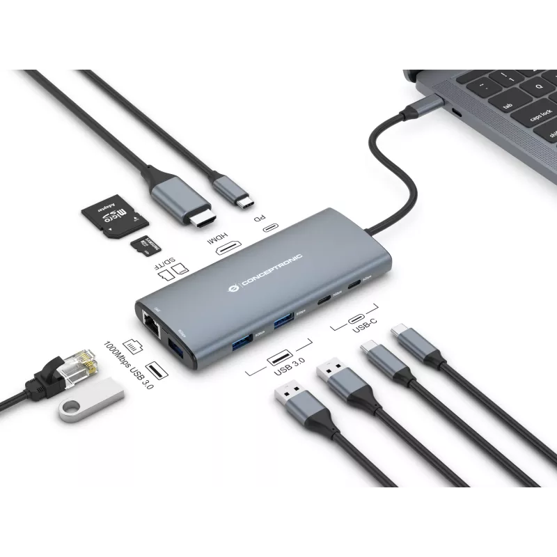 Conceptronic DONN06G 10-in-1 USB 3.2 Gen 1 Doko stotelė, HDMI, 100 W USB PD, USB-C 5 Gbps x 2, USB-A 5 Gbps x 3, SD, TF/MicroSD, GbE