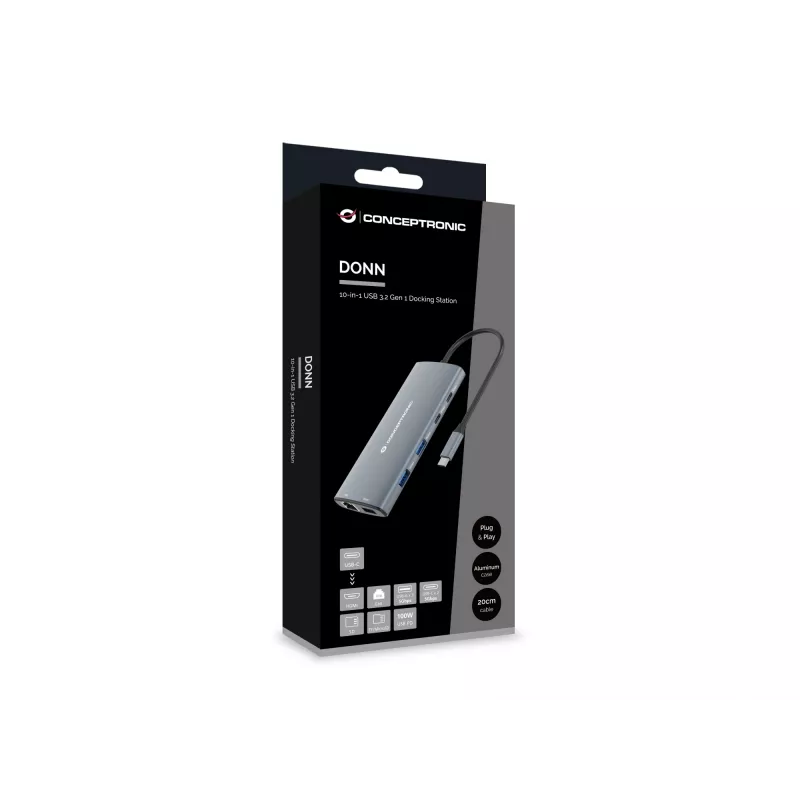 Conceptronic DONN06G 10-in-1 USB 3.2 Gen 1 Doko stotelė, HDMI, 100 W USB PD, USB-C 5 Gbps x 2, USB-A 5 Gbps x 3, SD, TF/MicroSD, GbE