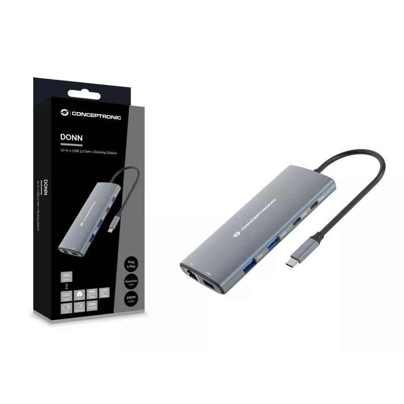 Conceptronic DONN06G 10-in-1 USB 3.2 Gen 1 Doko stotelė, HDMI, 100 W USB PD, USB-C 5 Gbps x 2, USB-A 5 Gbps x 3, SD, TF/MicroSD, GbE