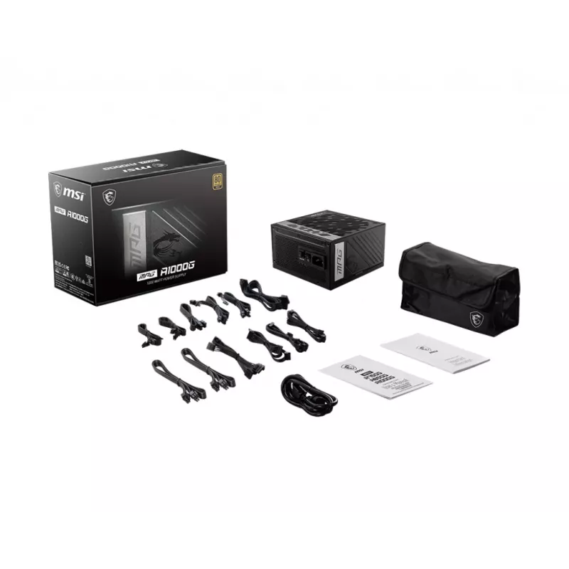 MSI MPG A1000G UK PSU '1000W, 80 Plus Gold sertifikuotas, pilnai modulinis, 100% japoniški kondensatoriai, plokšti kabeliai, ATX maitinimo blokas, JK maitinimo laidas, juoda, palaiko naujausius GPU'