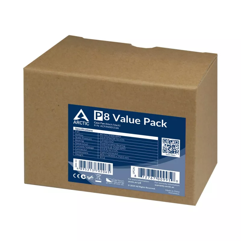 ARCTIC P8 Value Pack - slėgiui optimizuotas 80 mm ventiliatorius, 8 cm, 3000 aps./min., 0,3 sonų, 40,3 m³/val., juodas