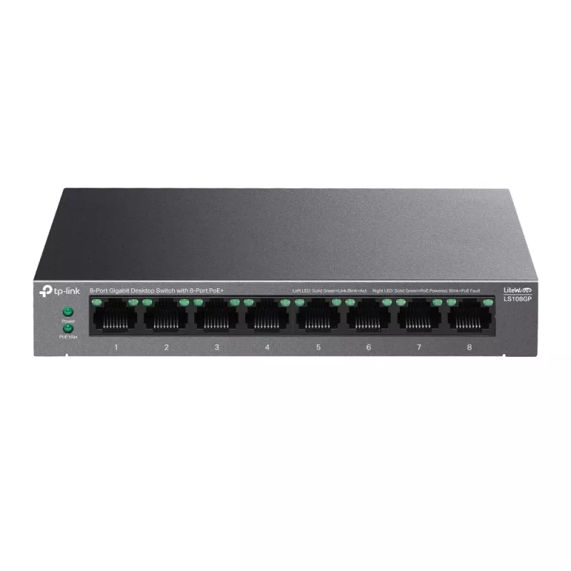 TP-Link LiteWave 8 prievadų gigabitinio darbastalio komutatorius su 8 prievadais PoE+