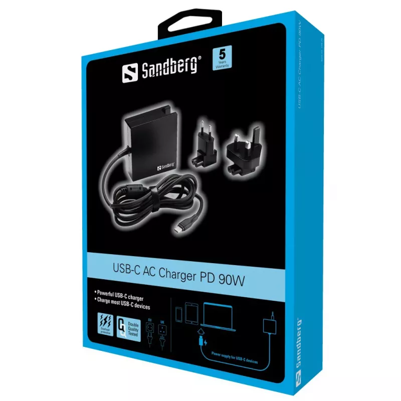 Sandberg USB-C PD kintamosios srovės įkroviklis 90W EU+JK, patalpų, kintamoji srovė, 20,2 V, 4,5 A, 1,8 m, juodas