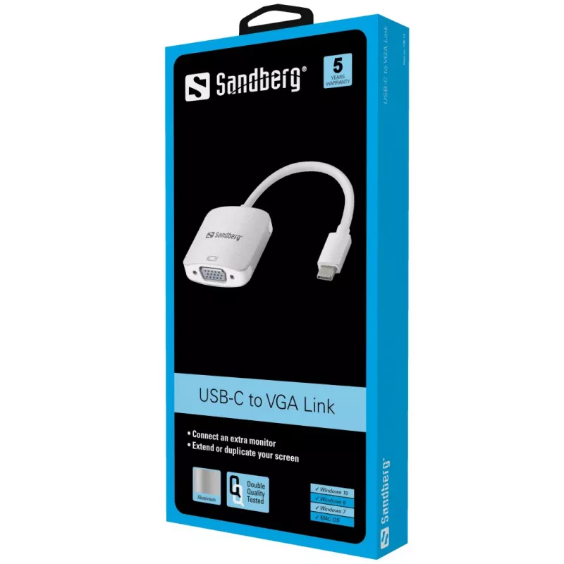 Sandberg USB-C į VGA jungtis, USB Type-C, VGA (D-Sub), Vyr., Mot., 1920 x 1080 (HD 1080), 2048 x 1152, 1080p