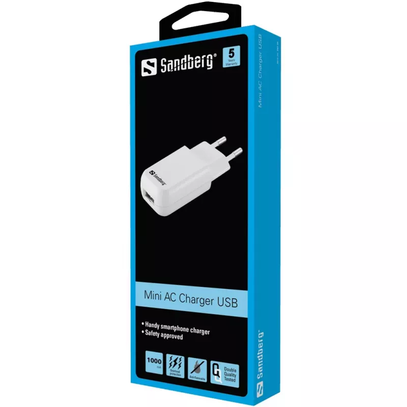 Sandberg Mini AC kroviklis USB 1A EU, vidaus, kintamoji srovė, 5 V, juoda, balta