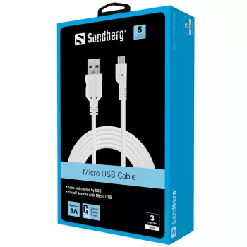 Sandberg MicroUSB sinchronizavimo / įkrovimo laidas 3 m, 3 m, USB A, Micro-USB B, USB 2.0, Vyr./Vyr., Balta